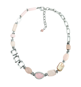 Колье с розовым кварцем, барочным жемчугом и гематитом